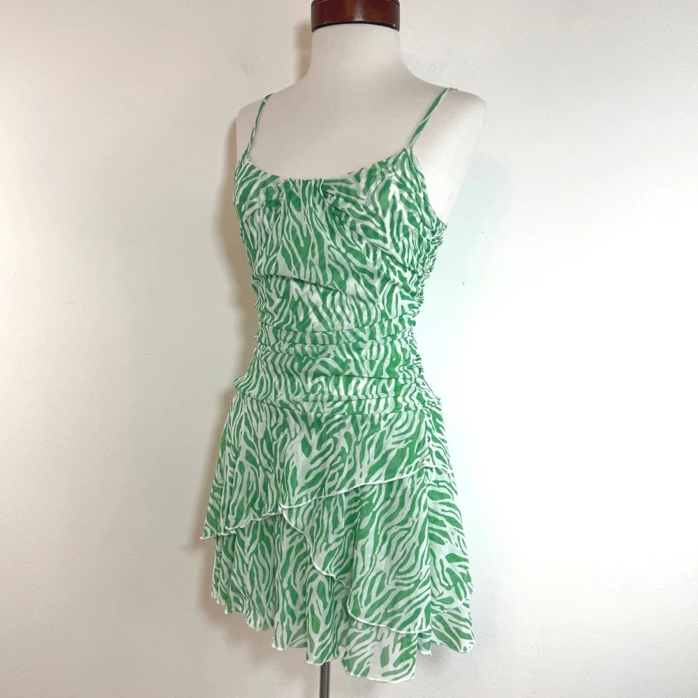 Diane von Furstenberg Target Mesh Ruched Mini Dress‎ Green Zebra Print Y2K XS